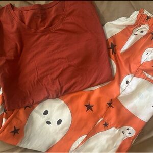 Orange Ghost Print Casual Pants with Pockets & Casual Soft Top - Halloween Pants